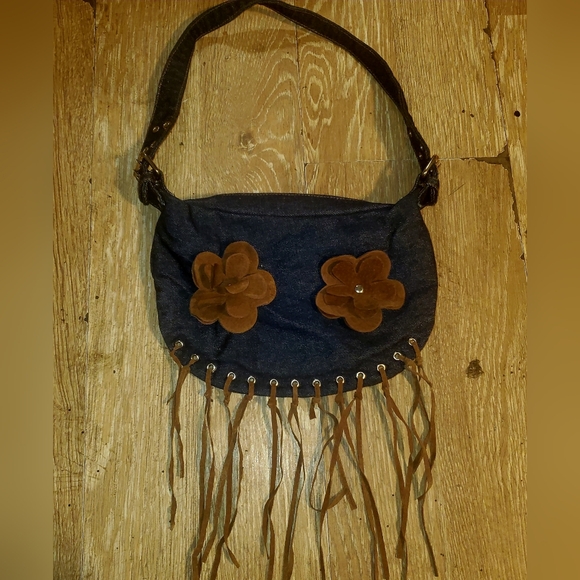 No Label Handbags - Denim Fringe Shoulder Bag with Brown Suede Flowers